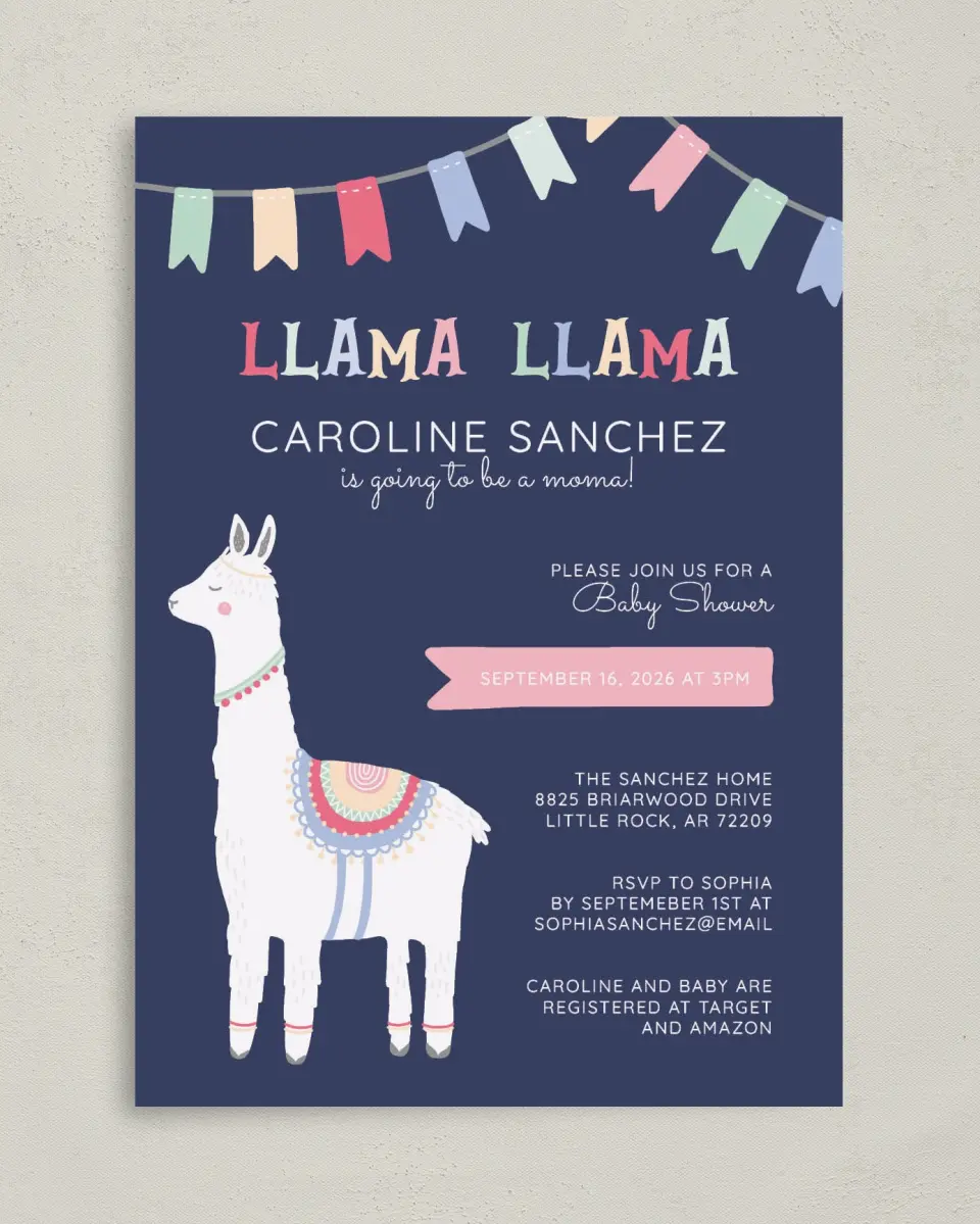 This is a 5" x 7" Baby Shower Invitation called Llama Mama printed in full color on Premium Smooth paper