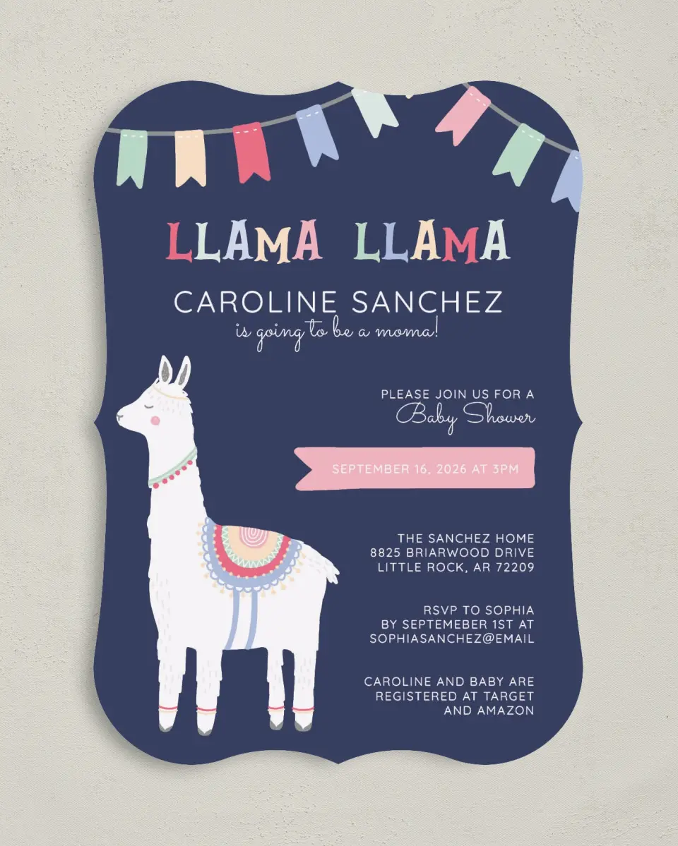 This is a 5" x 7" Baby Shower Invitation called Llama Mama printed in full color on Premium Smooth paper