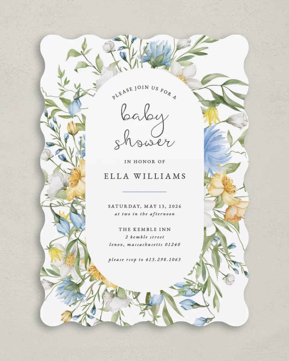 This is a 5" x 7" Baby Shower Invitation called Baby in Bloom printed in full color with Gold foil on Luxe Satin (coated) paper