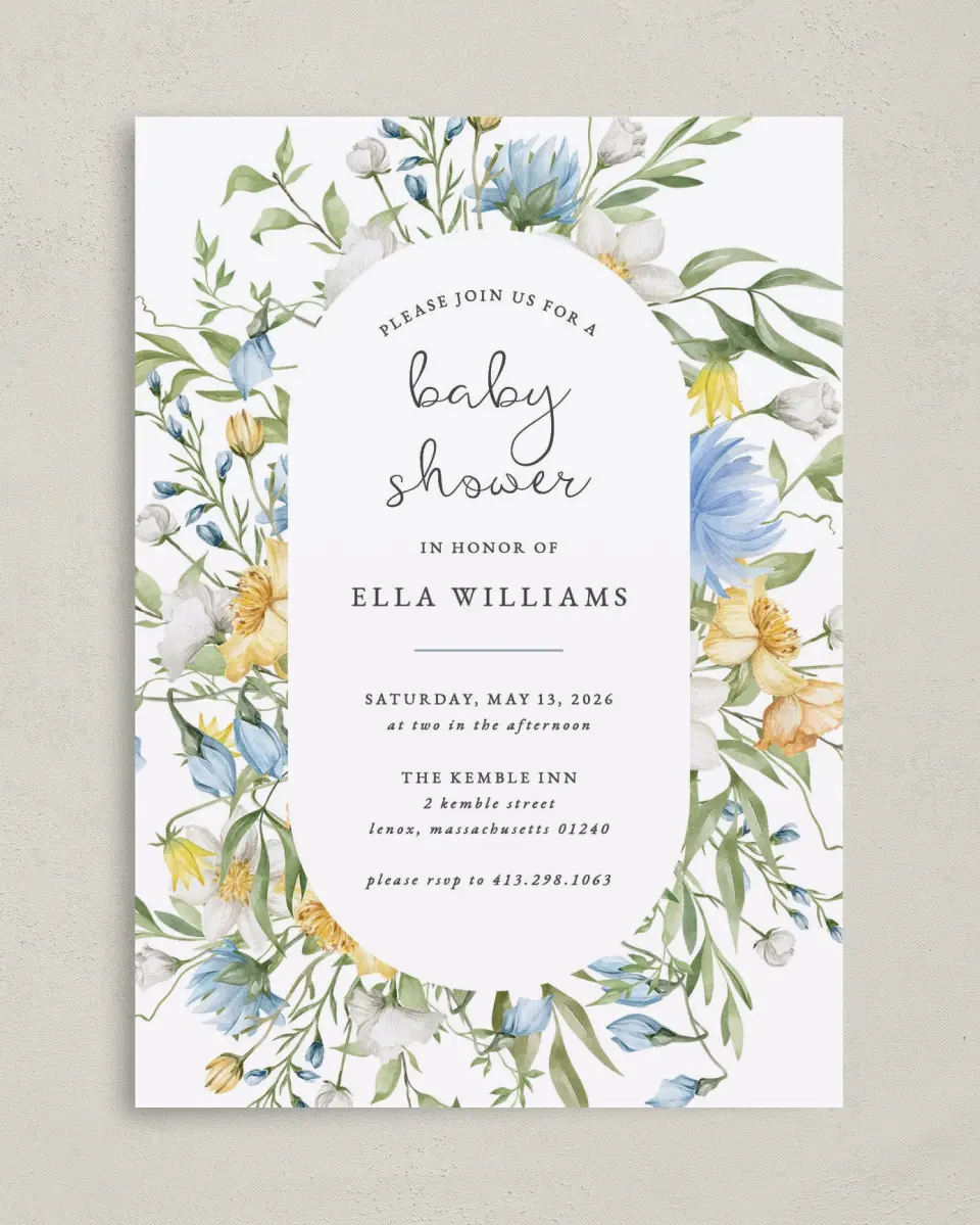 This is a 5" x 7" Baby Shower Invitation called Baby in Bloom printed in full color on Premium Smooth paper