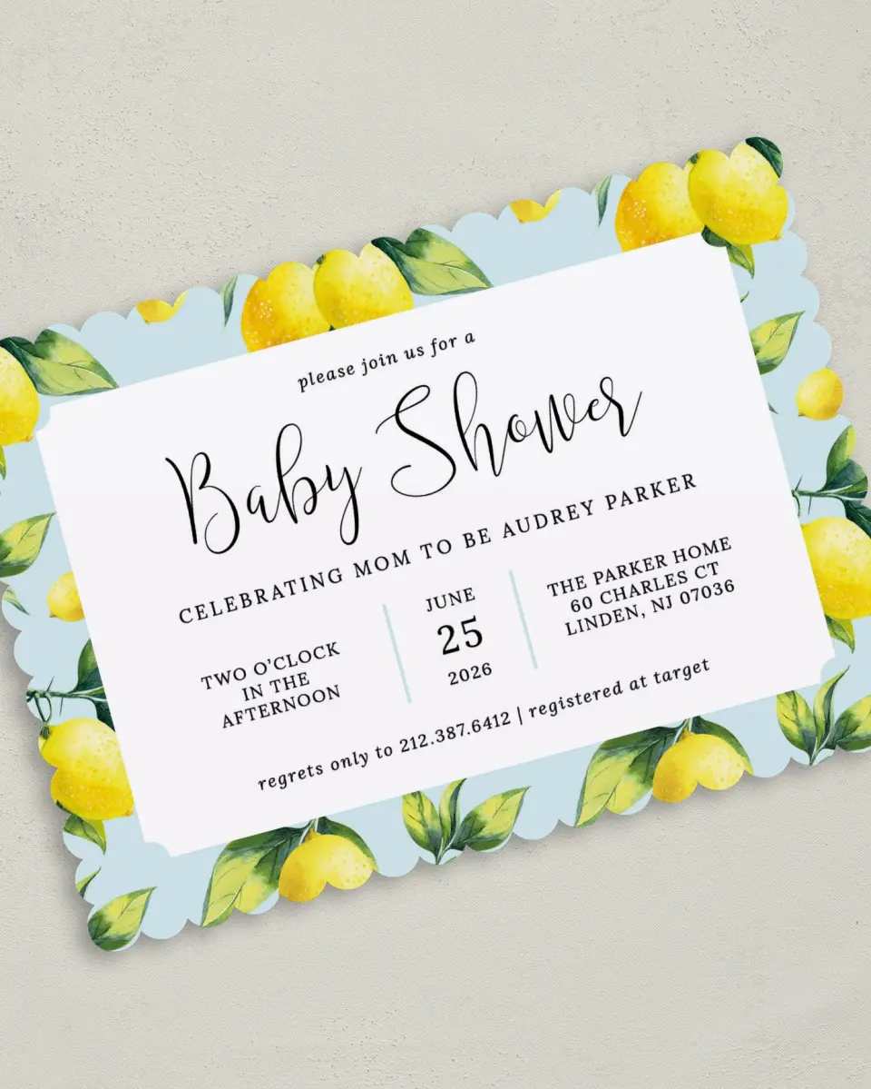 This is a 5" x 7" Baby Shower Invitation called Lovely Lemons printed in full color on Premium Smooth paper