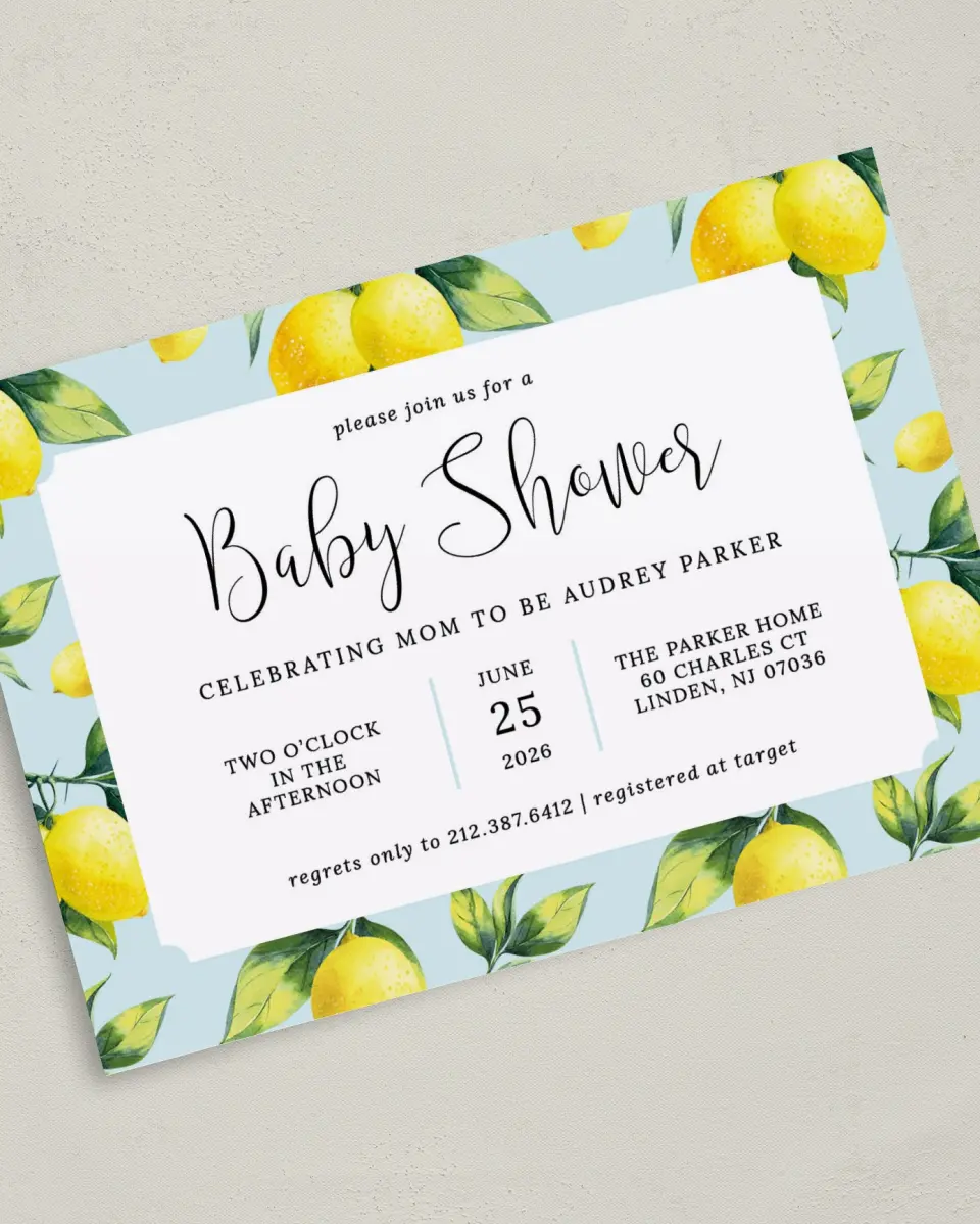 This is a 5" x 7" Baby Shower Invitation called Lovely Lemons printed in full color on Premium Smooth paper
