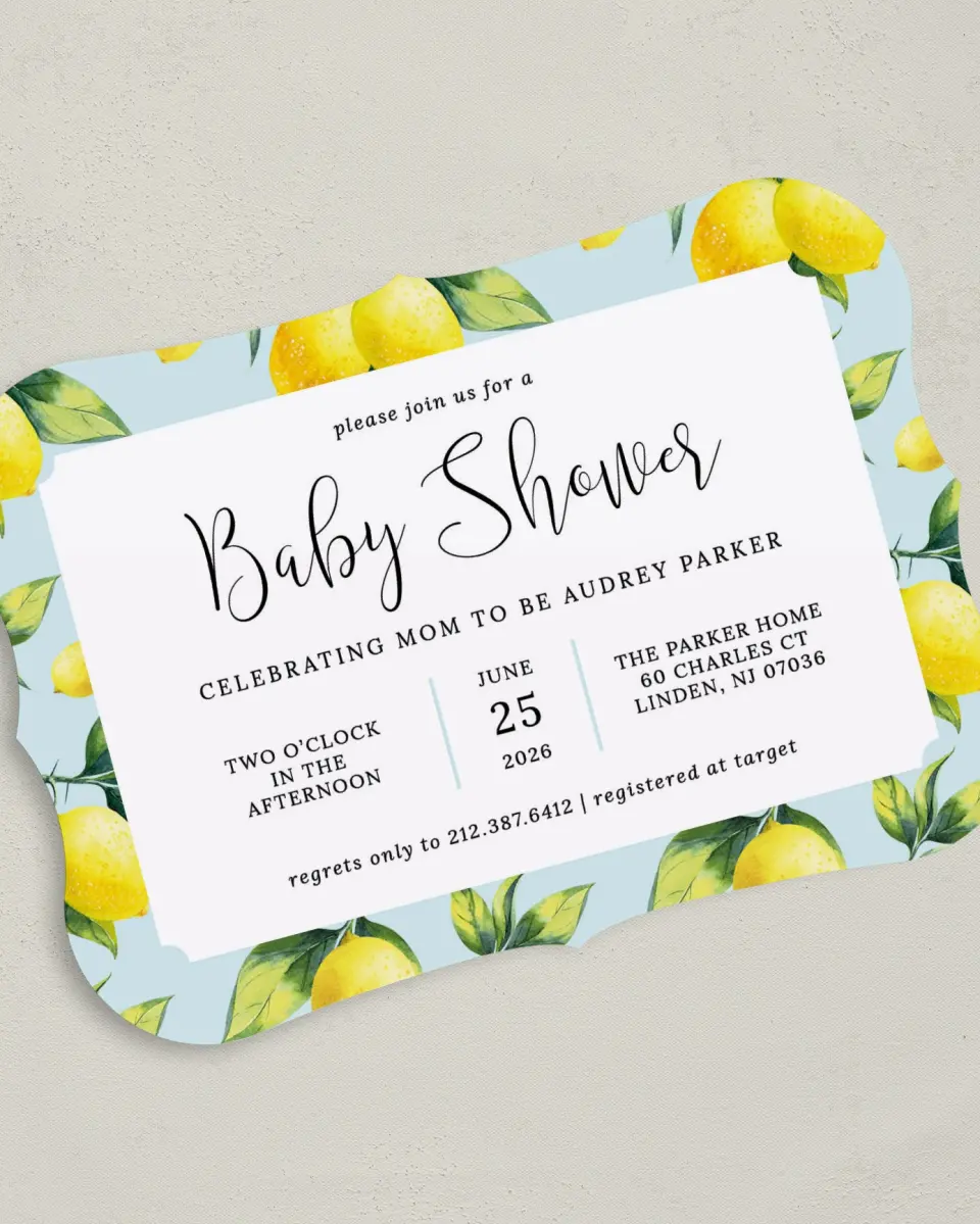 This is a 5" x 7" Baby Shower Invitation called Lovely Lemons printed in full color on Premium Smooth paper