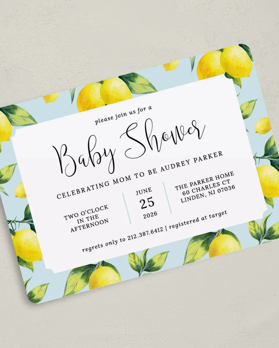 This is a 5" x 7" Baby Shower Invitation called Lovely Lemons printed in full color on Premium Smooth paper