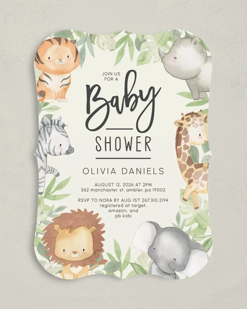This is a 5" x 7" Baby Shower Invitation called Sweet Safari printed in full color on Premium Smooth paper