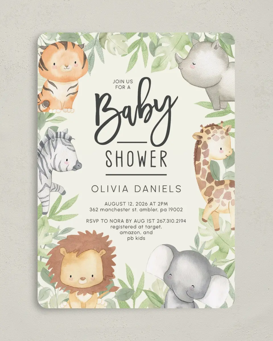This is a 5" x 7" Baby Shower Invitation called Sweet Safari printed in full color on Premium Smooth paper
