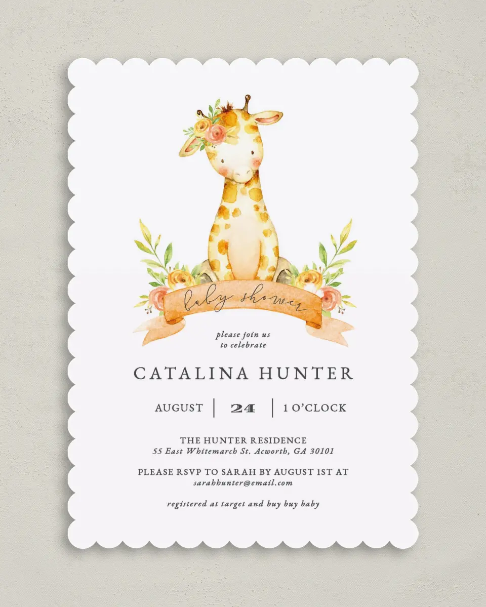 This is a 5" x 7" Baby Shower Invitation called Lovely Giraffe printed in full color on Premium Smooth paper
