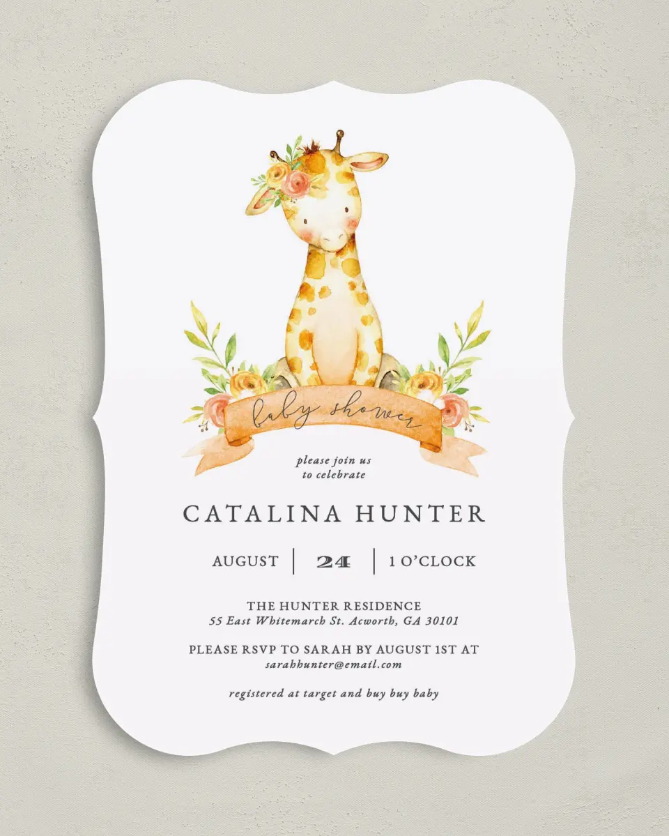 This is a 5" x 7" Baby Shower Invitation called Lovely Giraffe printed in full color on Premium Smooth paper