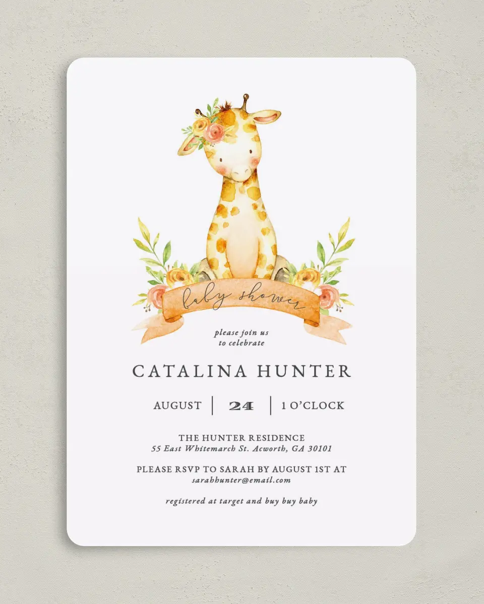 This is a 5" x 7" Baby Shower Invitation called Lovely Giraffe printed in full color on Premium Smooth paper