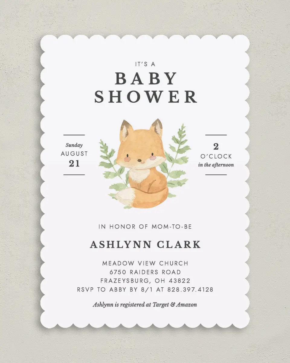 This is a 5" x 7" Baby Shower Invitation called Baby Fox printed in full color on Premium Smooth paper