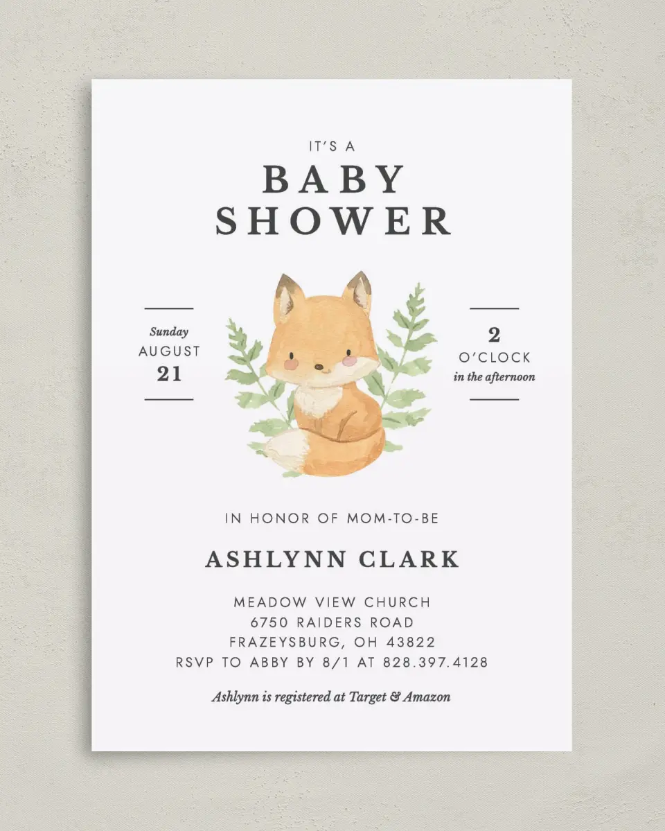 This is a 5" x 7" Baby Shower Invitation called Baby Fox printed in full color on Premium Smooth paper