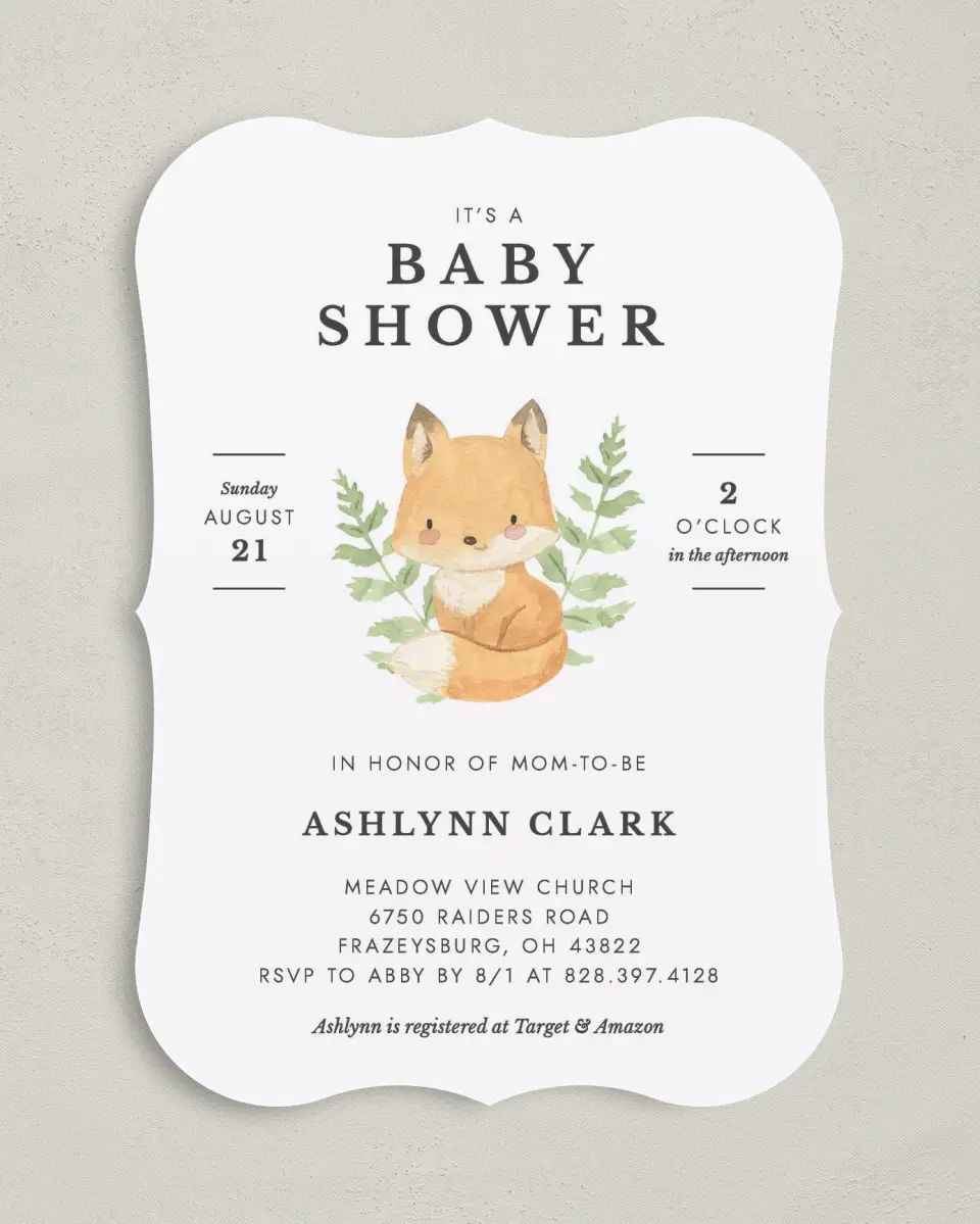 This is a 5" x 7" Baby Shower Invitation called Baby Fox printed in full color on Premium Smooth paper