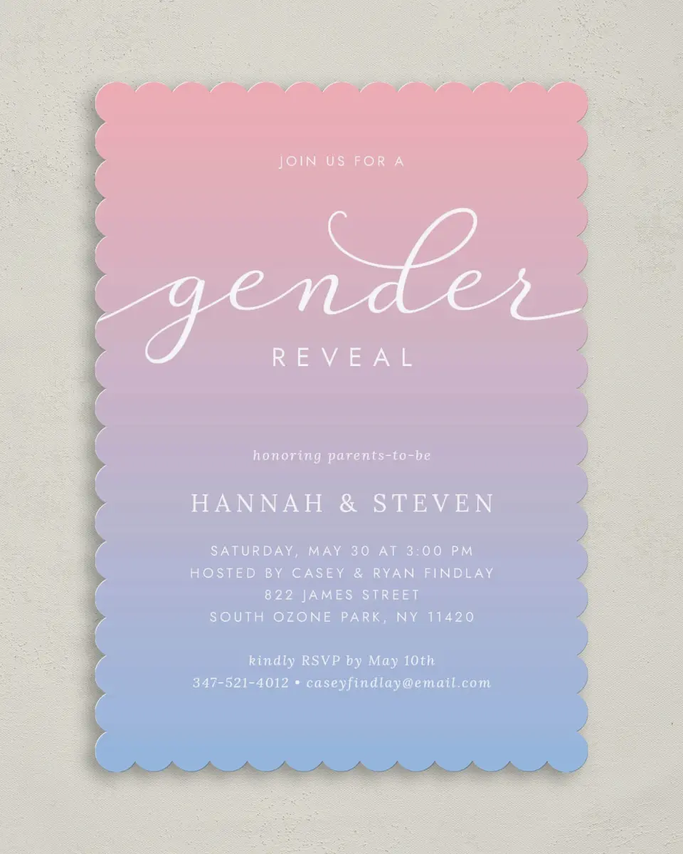 This is a 5" x 7" Baby Shower Invitation called Gender Reveal Party printed in full color on Premium Smooth paper