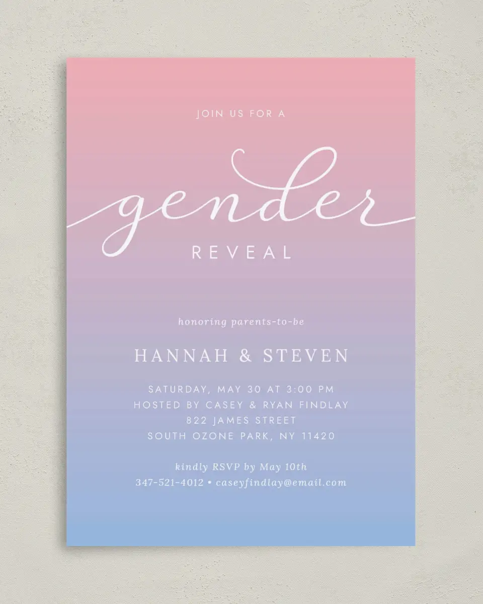 This is a 5" x 7" Baby Shower Invitation called Gender Reveal Party printed in full color on Premium Smooth paper