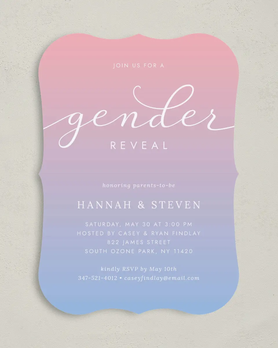 This is a 5" x 7" Baby Shower Invitation called Gender Reveal Party printed in full color on Premium Smooth paper