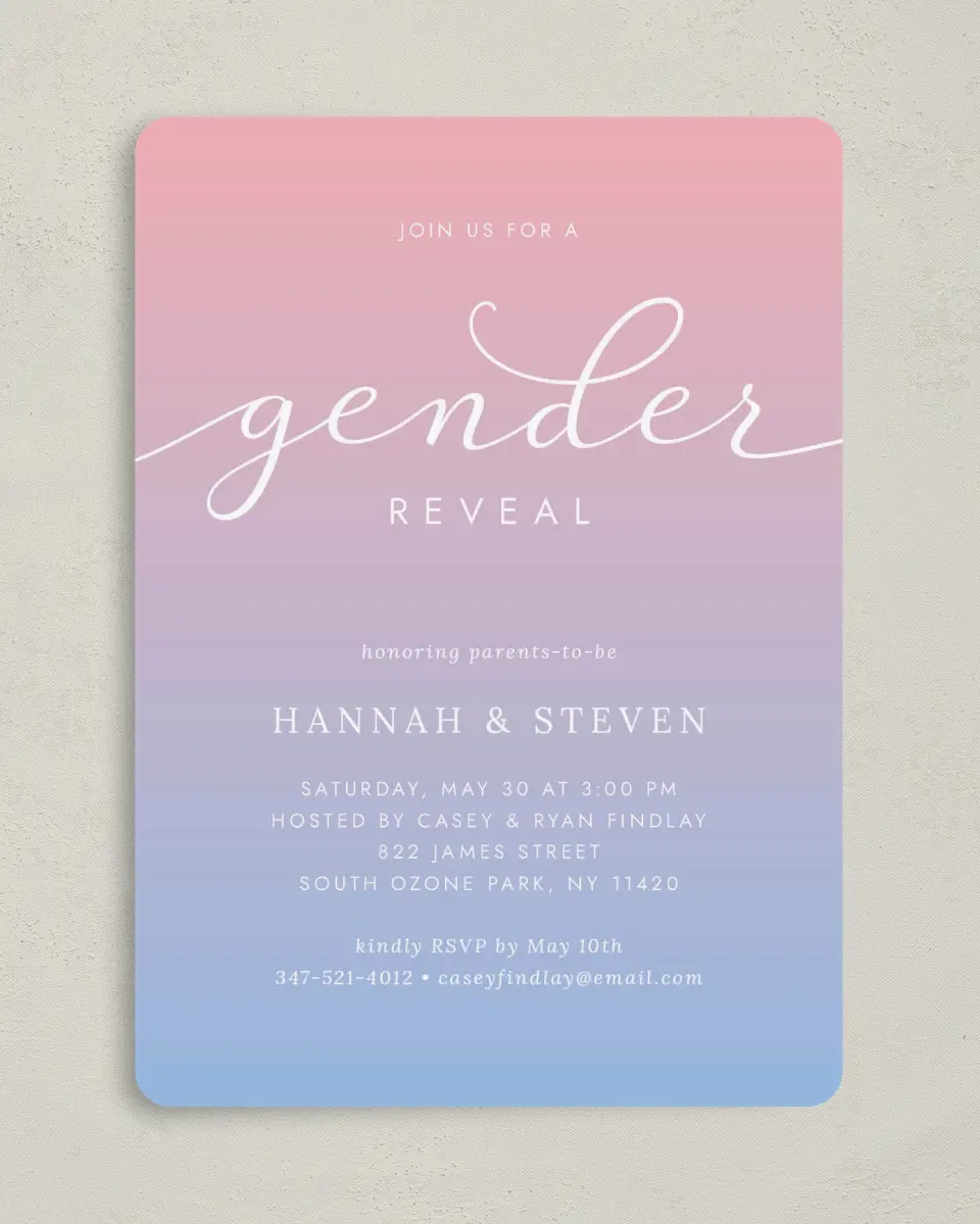 This is a 5" x 7" Baby Shower Invitation called Gender Reveal Party printed in full color on Premium Smooth paper