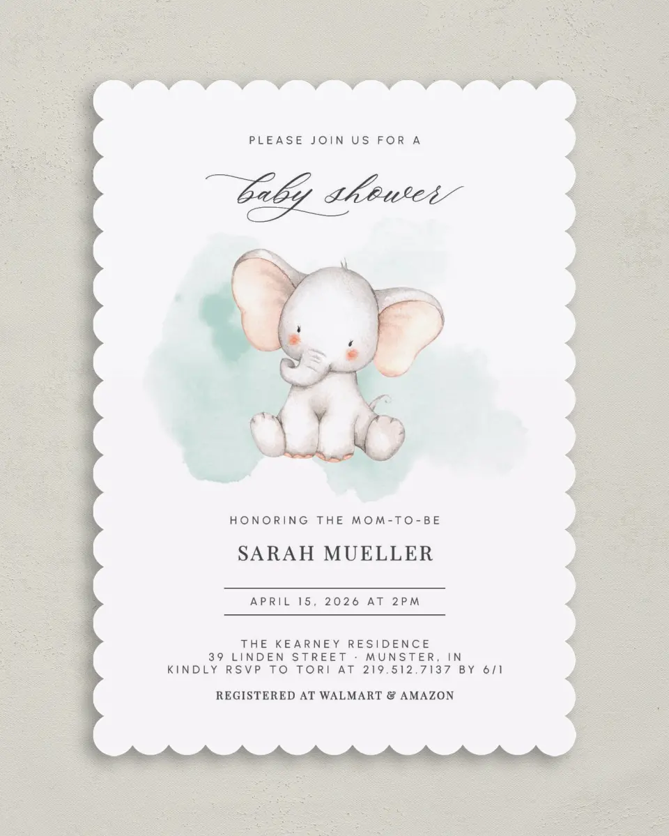 This is a 5" x 7" Baby Shower Invitation called Little Elephant printed in full color on Premium Smooth paper