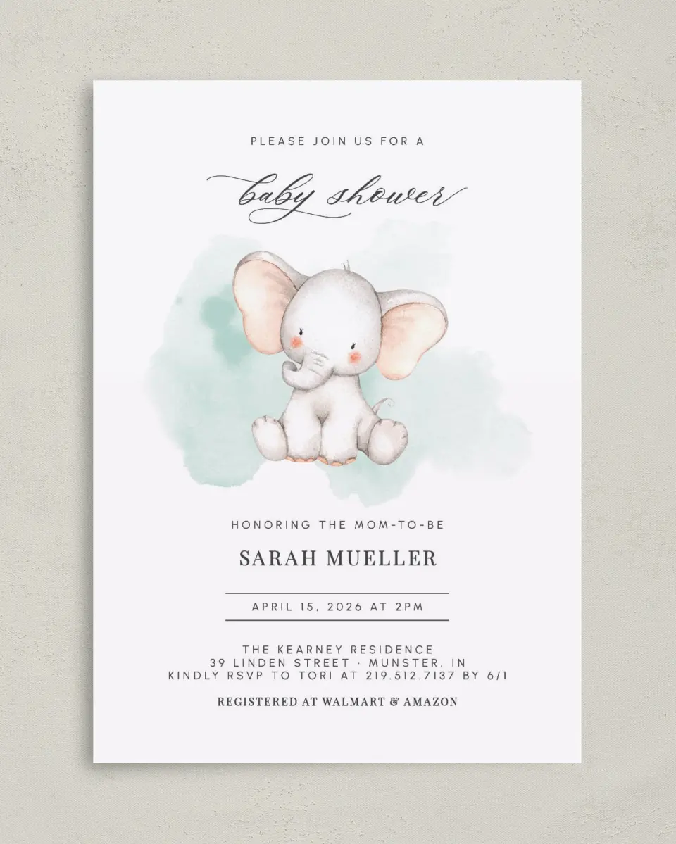 This is a 5" x 7" Baby Shower Invitation called Little Elephant printed in full color with Silver foil on Luxe Satin (coated) paper