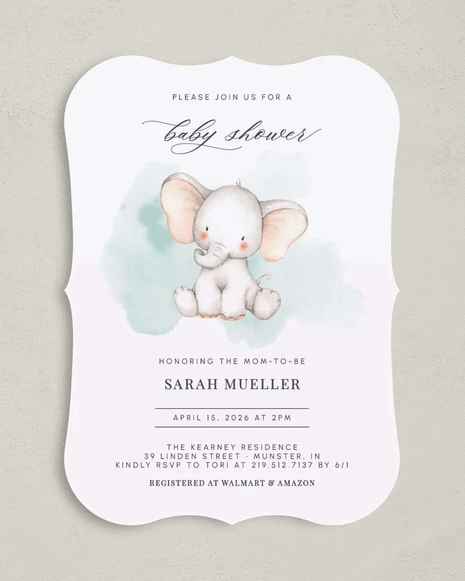 This is a 5" x 7" Baby Shower Invitation called Little Elephant printed in full color on Premium Smooth paper