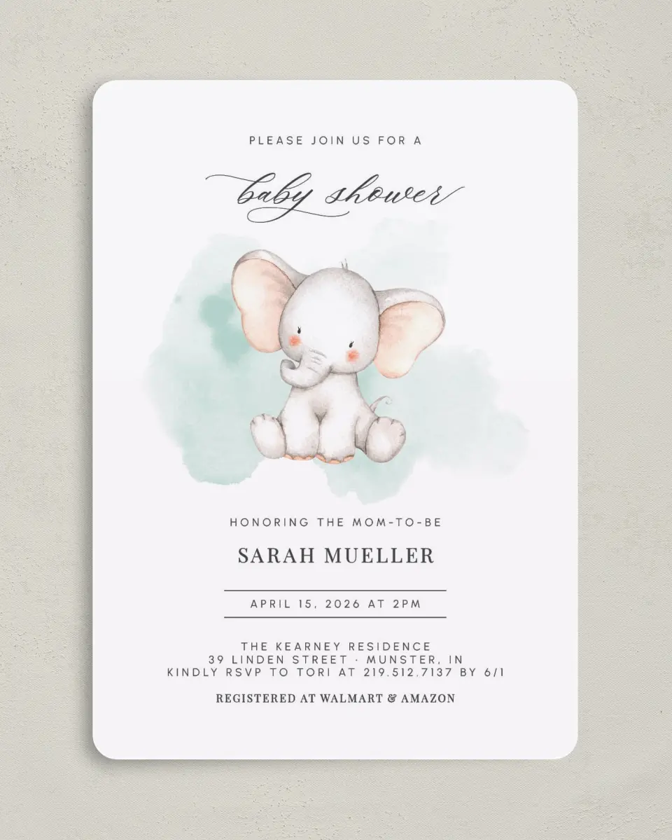 This is a 5" x 7" Baby Shower Invitation called Little Elephant printed in full color on Premium Smooth paper