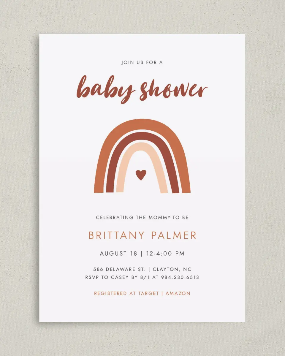 This is a 5" x 7" Baby Shower Invitation called Boho Rainbow printed in full color on Premium Smooth paper