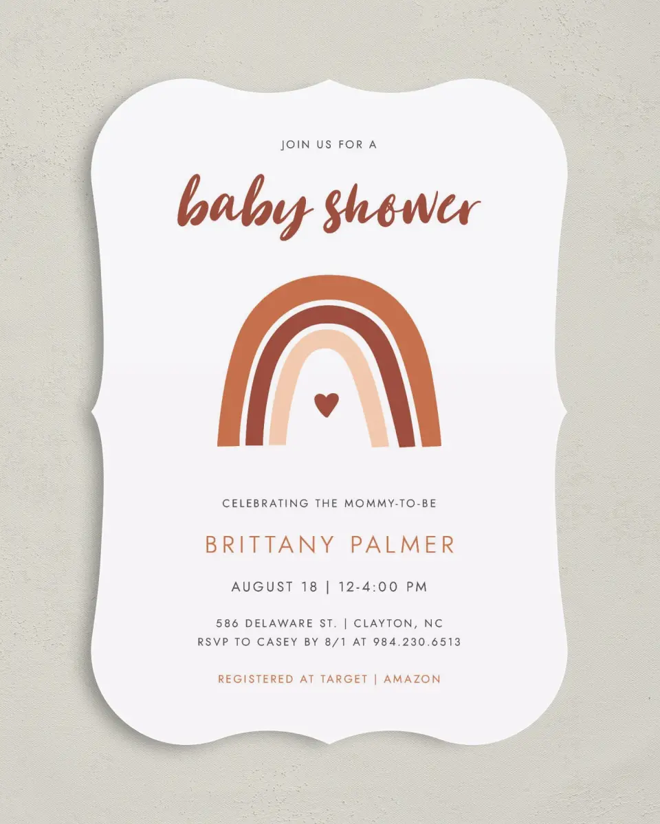 This is a 5" x 7" Baby Shower Invitation called Boho Rainbow printed in full color on Premium Smooth paper