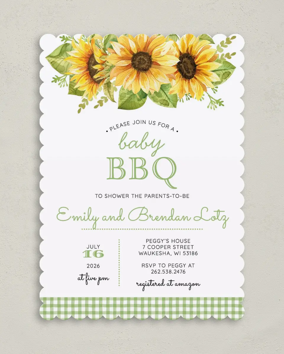 This is a 5" x 7" Baby Shower Invitation called Baby BBQ printed in full color on Premium Smooth paper
