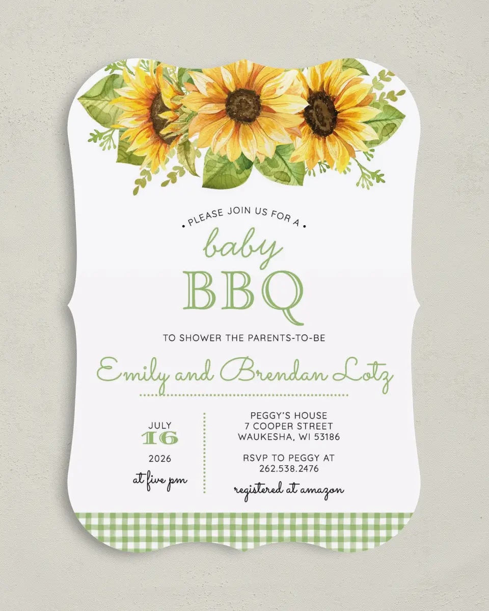 This is a 5" x 7" Baby Shower Invitation called Baby BBQ printed in full color on Premium Smooth paper