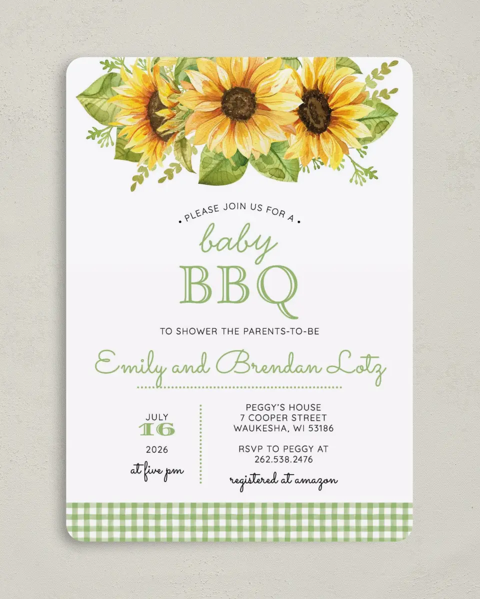This is a 5" x 7" Baby Shower Invitation called Baby BBQ printed in full color on Premium Smooth paper