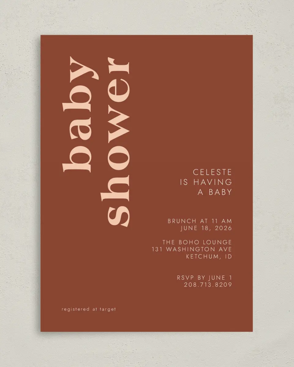 This is a 5" x 7" Baby Shower Invitation called Bold Celebration printed in full color on Premium Smooth paper