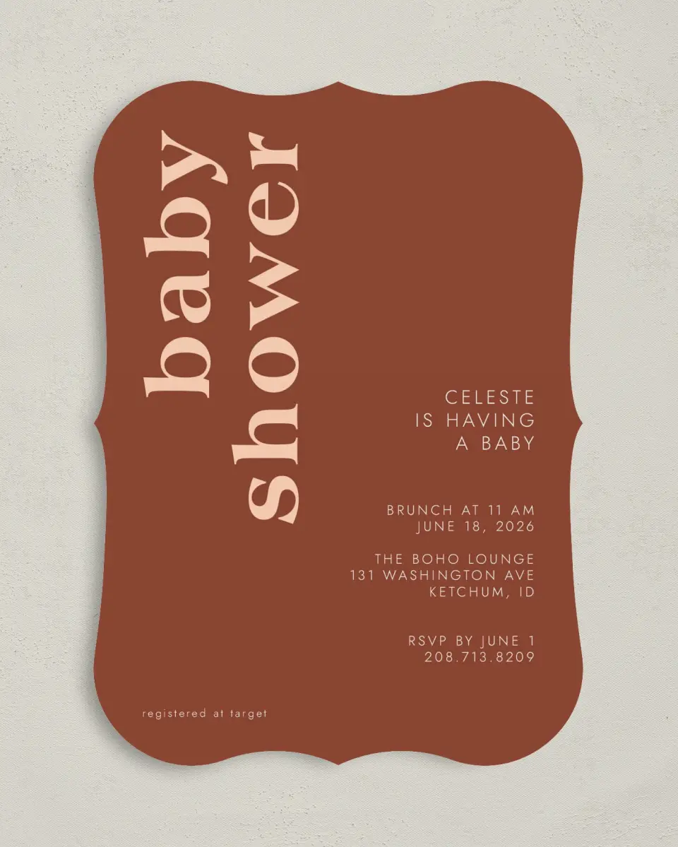 This is a 5" x 7" Baby Shower Invitation called Bold Celebration printed in full color on Premium Smooth paper