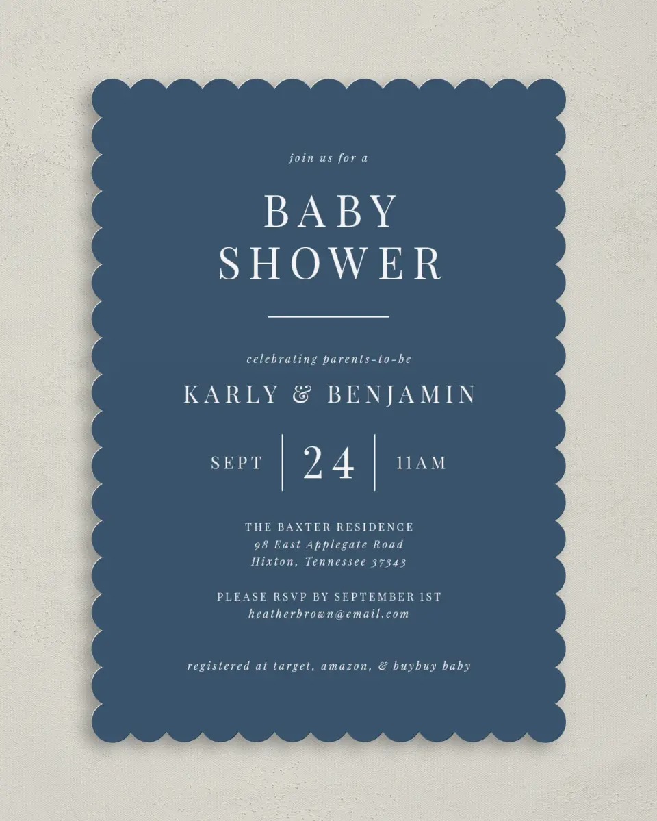This is a 5" x 7" Baby Shower Invitation called Simple Soiree printed in full color on Premium Smooth paper