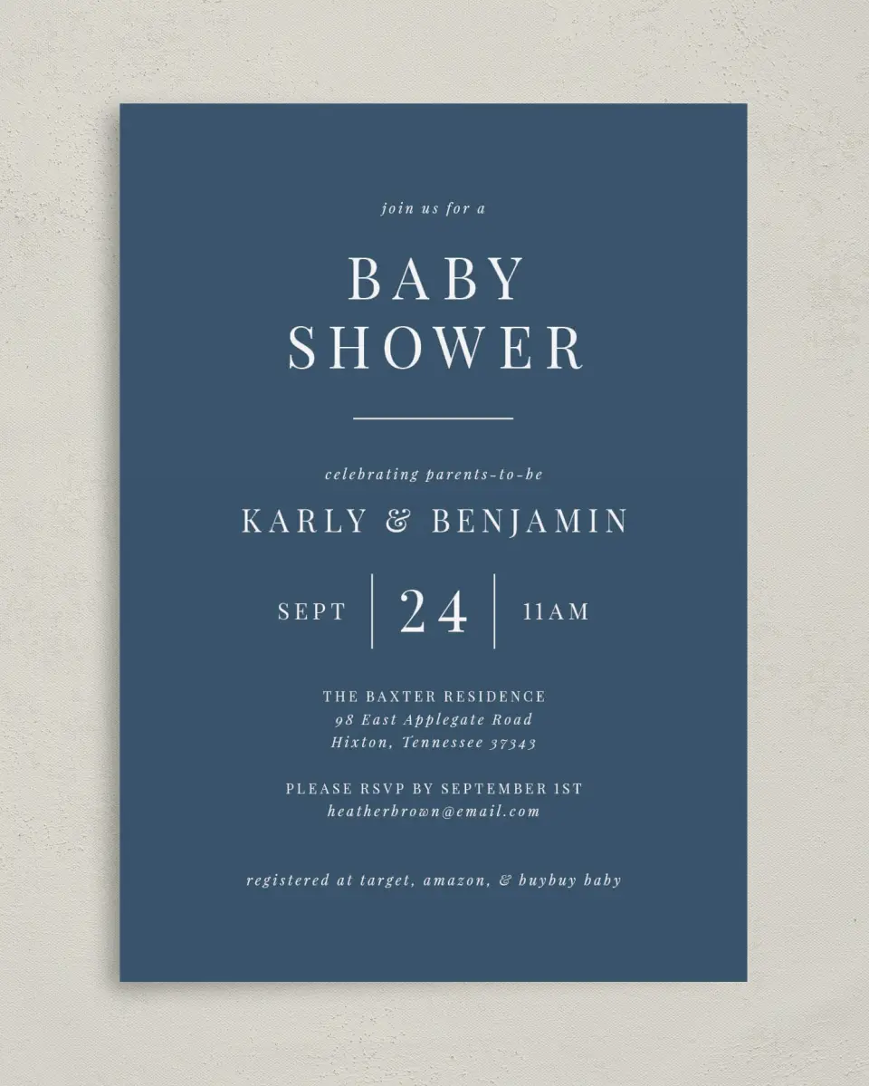 This is a 5" x 7" Baby Shower Invitation called Simple Soiree printed in full color on Premium Smooth paper