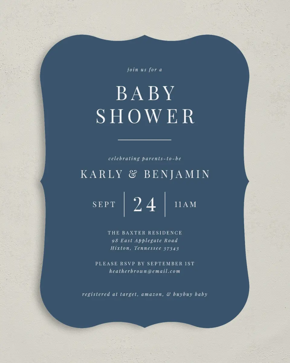 This is a 5" x 7" Baby Shower Invitation called Simple Soiree printed in full color on Premium Smooth paper