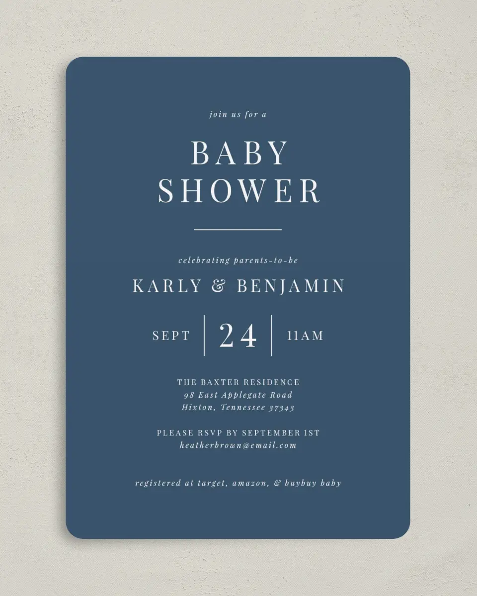 This is a 5" x 7" Baby Shower Invitation called Simple Soiree printed in full color on Premium Smooth paper