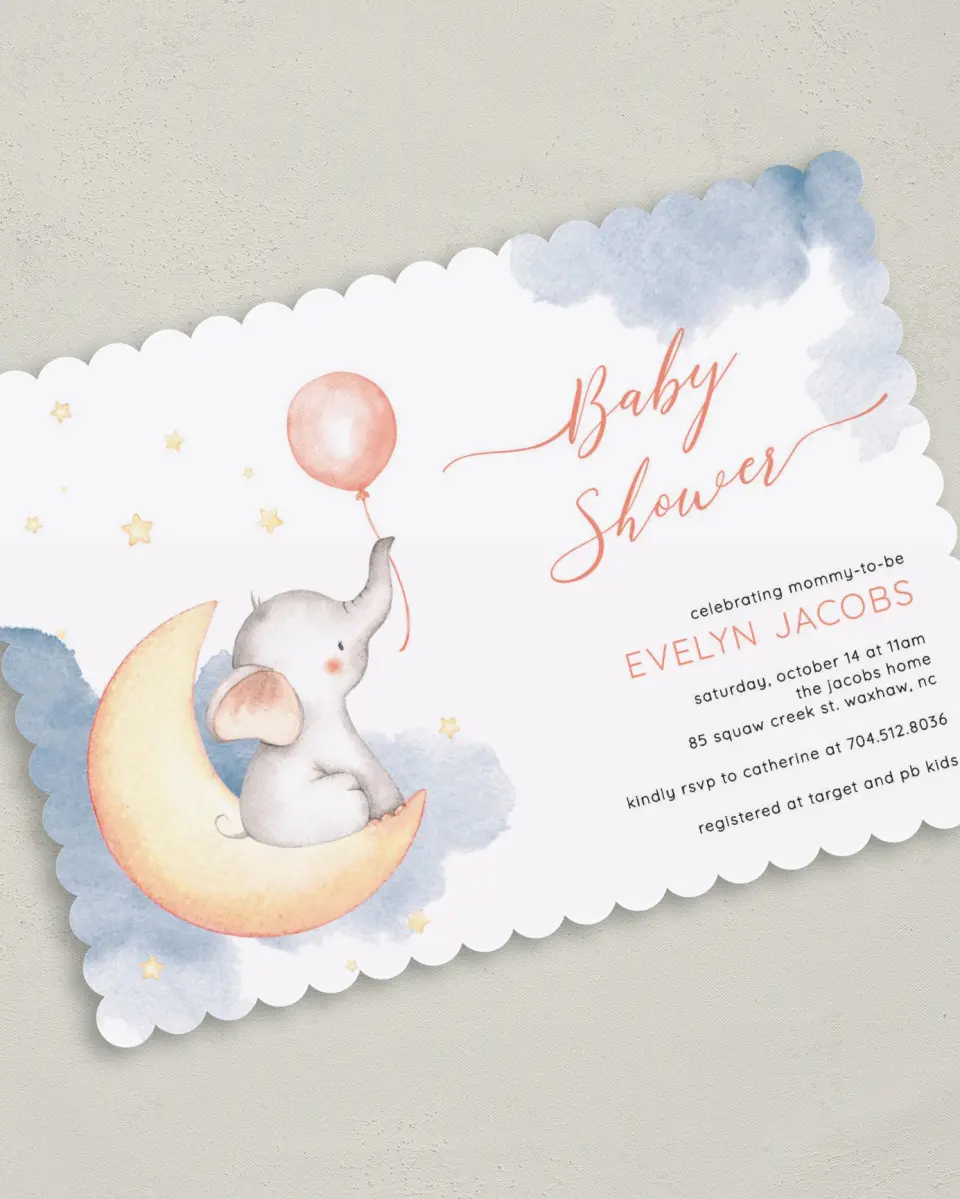 This is a 5" x 7" Baby Shower Invitation called Elephant Moon printed in full color on Premium Smooth paper