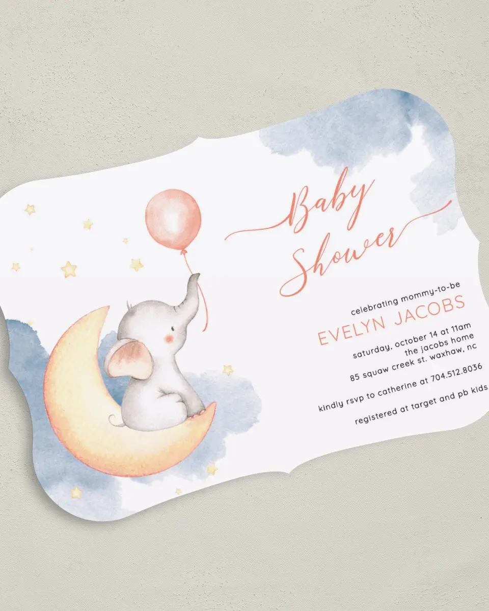 This is a 5" x 7" Baby Shower Invitation called Elephant Moon printed in full color on Premium Smooth paper