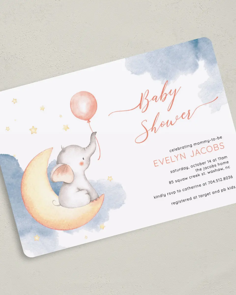 This is a 5" x 7" Baby Shower Invitation called Elephant Moon printed in full color on Premium Smooth paper