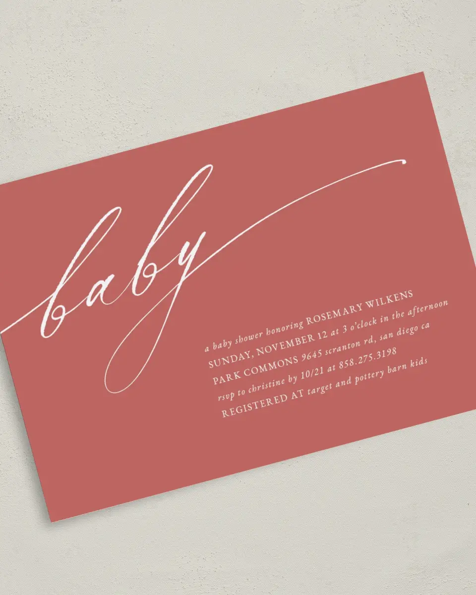 This is a 5" x 7" Baby Shower Invitation called Elegant Babe printed in full color on Premium Smooth paper
