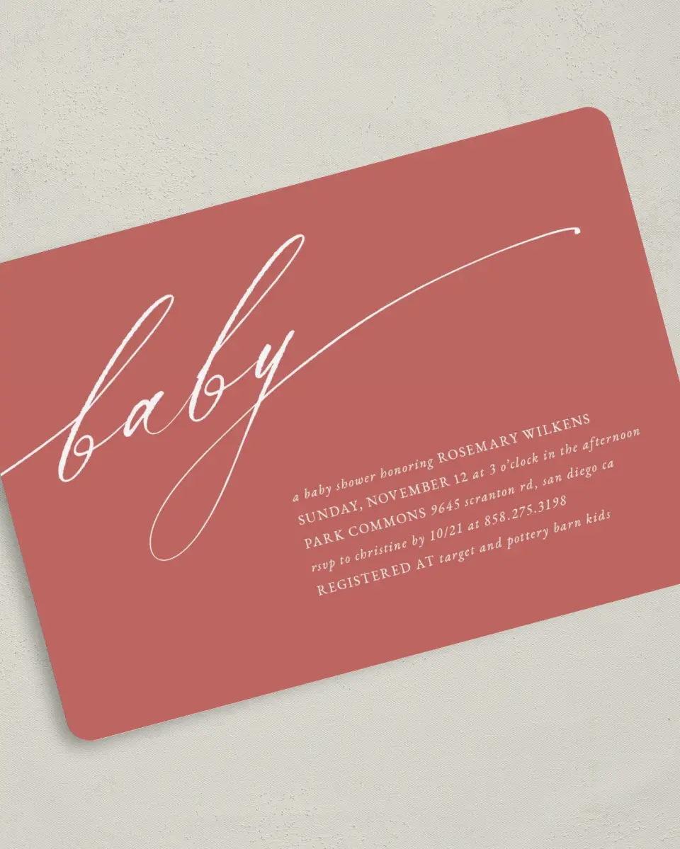 This is a 5" x 7" Baby Shower Invitation called Elegant Babe printed in full color on Premium Smooth paper
