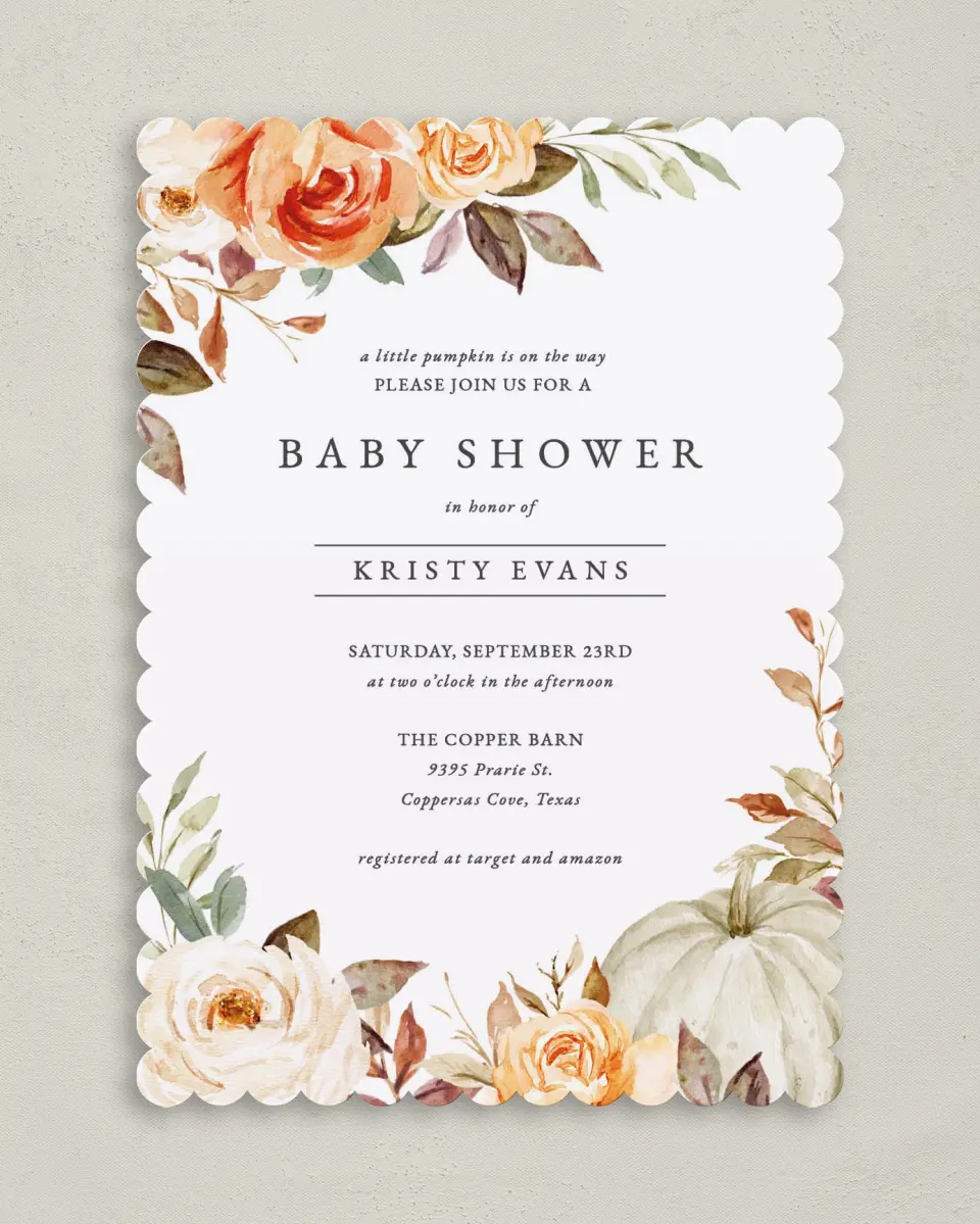 This is a 5" x 7" Baby Shower Invitation called Autumn Baby printed in full color on Premium Smooth paper