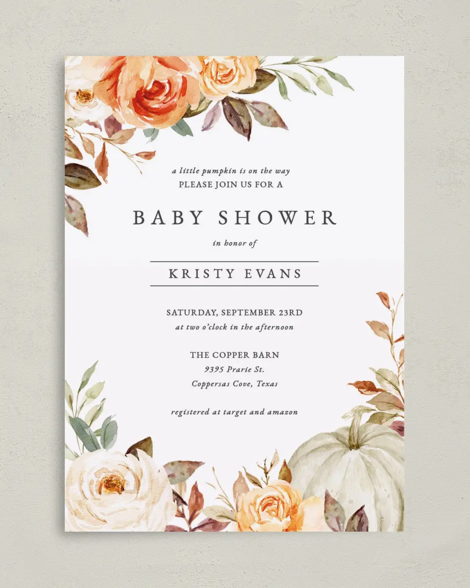 This is a 5" x 7" Baby Shower Invitation called Autumn Baby printed in full color on Premium Smooth paper