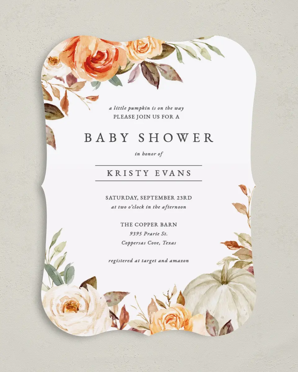 This is a 5" x 7" Baby Shower Invitation called Autumn Baby printed in full color on Premium Smooth paper