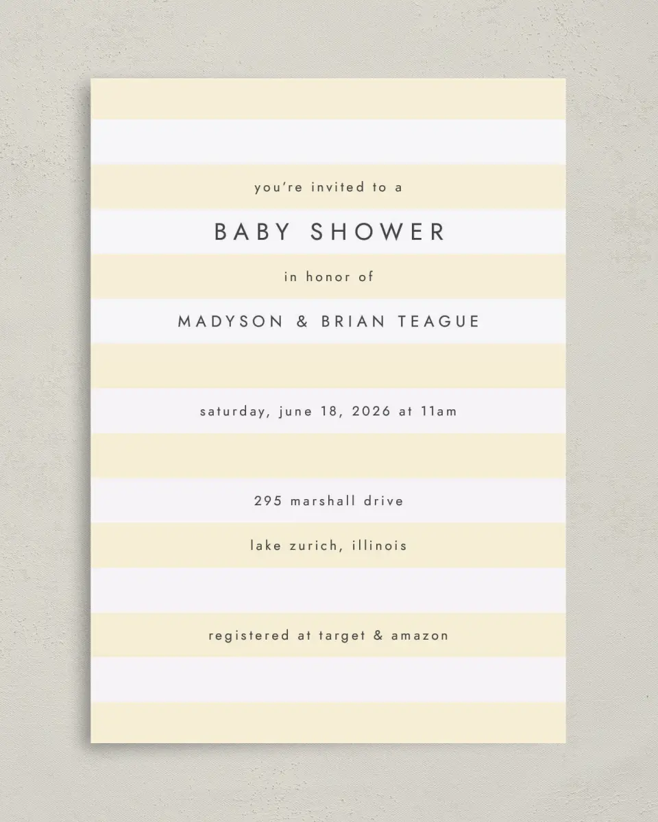 This is a 5" x 7" Baby Shower Invitation called Simple Stripes printed in full color on Premium Smooth paper