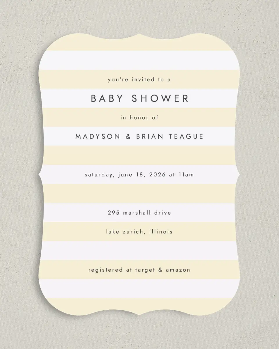 This is a 5" x 7" Baby Shower Invitation called Simple Stripes printed in full color on Premium Smooth paper