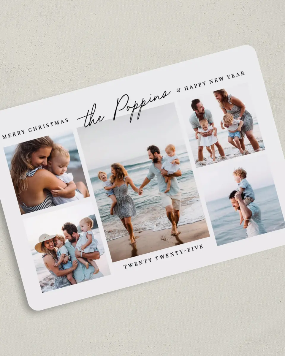 This is a 5" x 7" Christmas Card called Modern Snapshots printed in full color on Premium Smooth paper