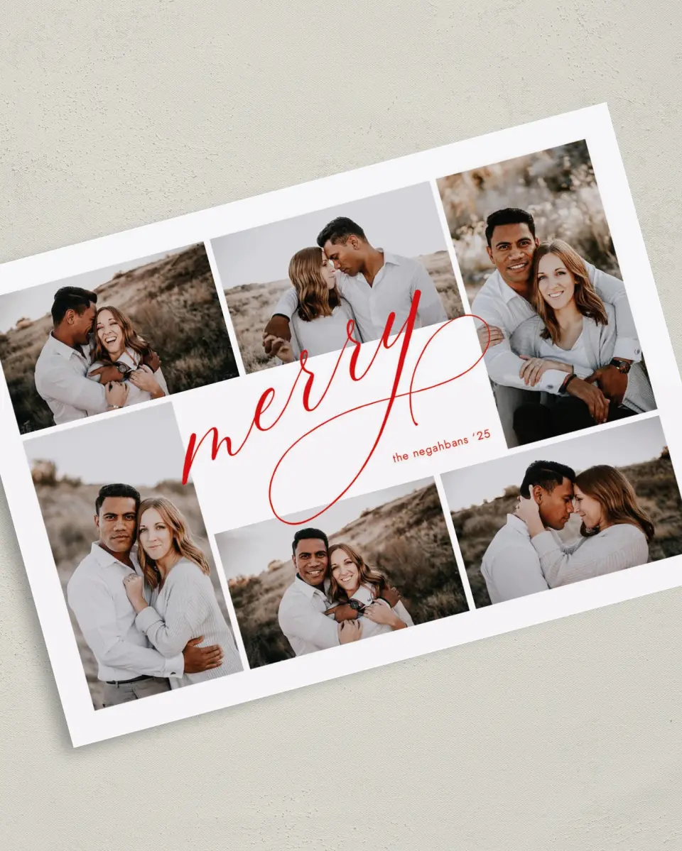 This is a 5" x 7" Christmas Card called Merry Collage printed in full color on Premium Smooth paper