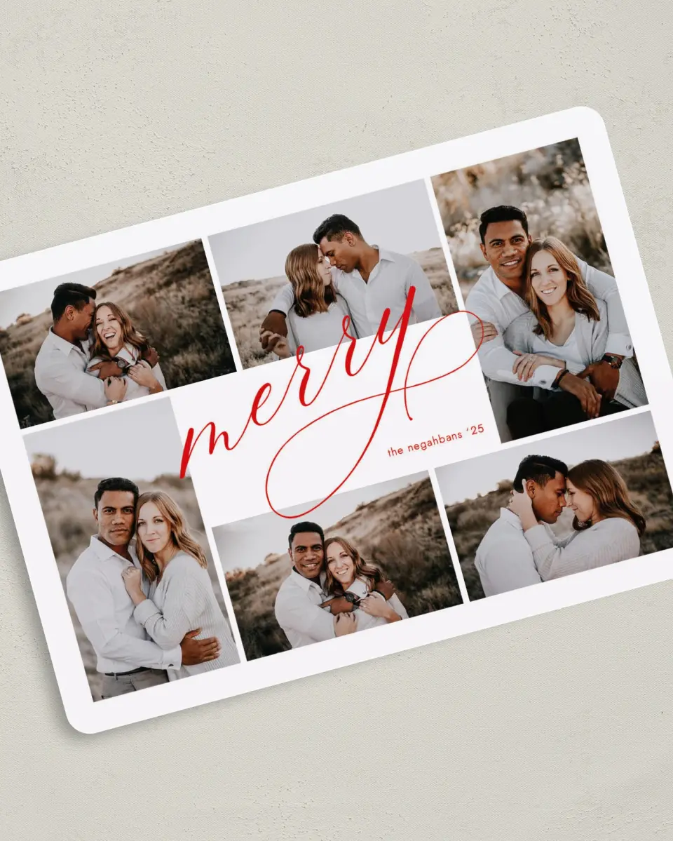 This is a 5" x 7" Christmas Card called Merry Collage printed in full color with Rose Gold foil on Soft Suede (coated) paper