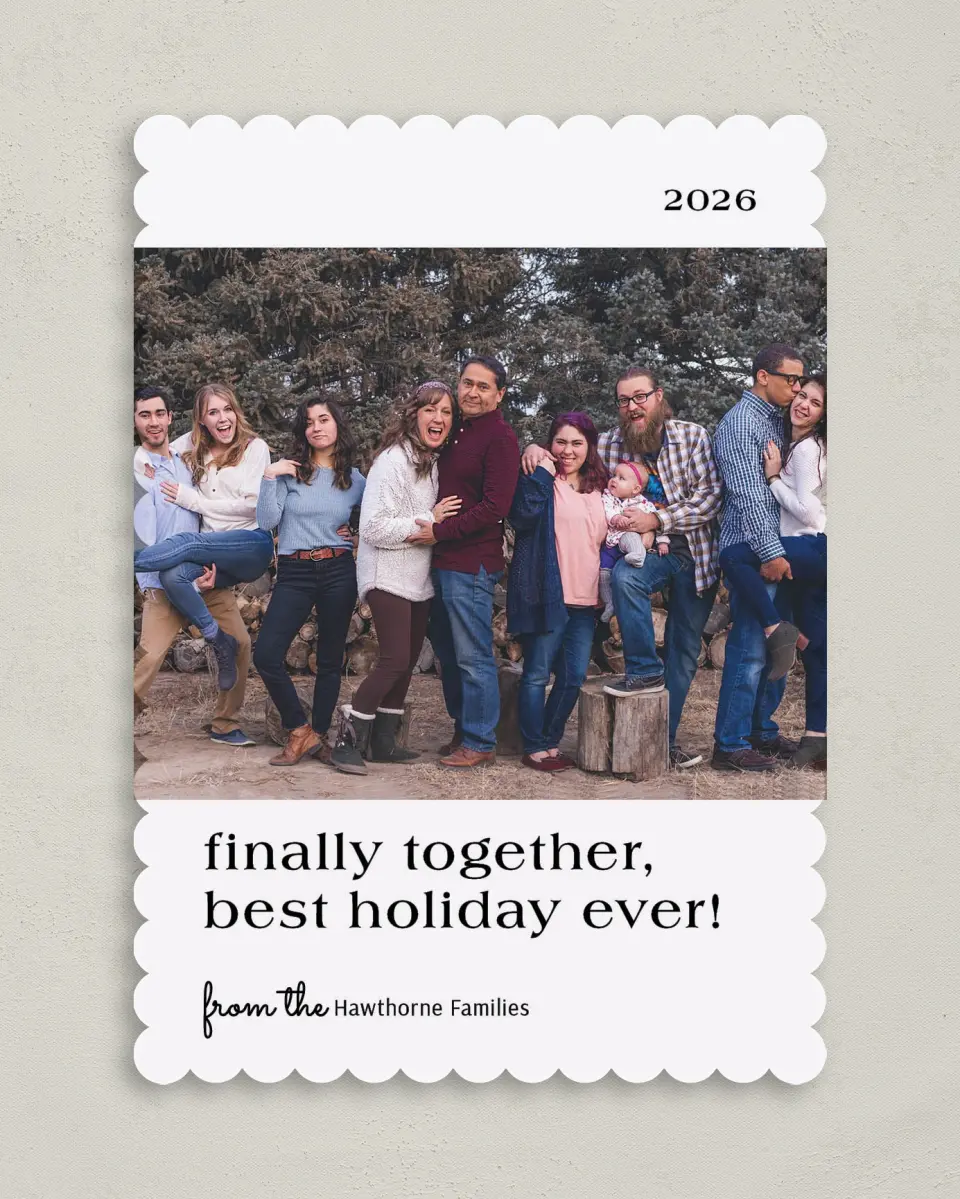 This is a 5" x 7" Christmas Card called Finally Together printed in full color on Premium Smooth paper on Premium Smooth paper on Premium Smooth paper