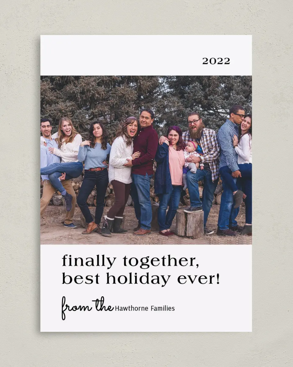 This is a 5" x 7" Christmas Card called Finally Together printed in full color on Premium Smooth paper
